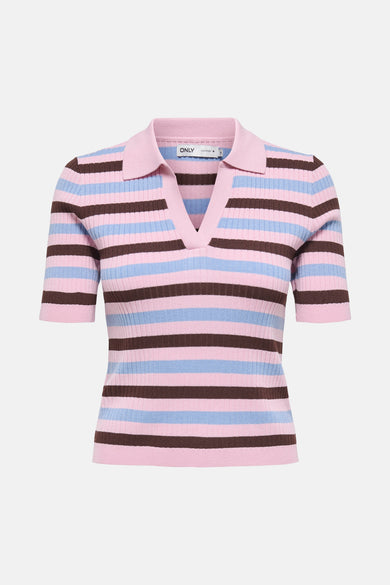 Polo roze met korte mouwen, alleen, met bruine en lichte blauwe strepen.