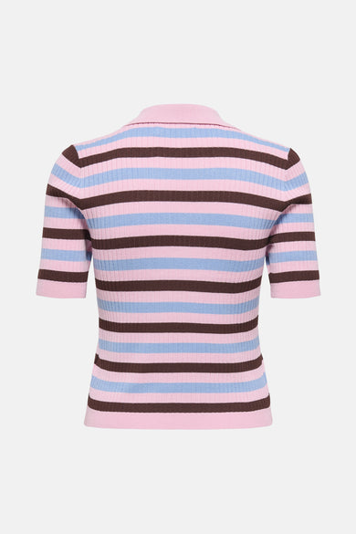 Polo à manches courtes rose ONLY, à rayures marron et bleu clair.
