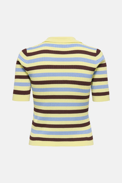 Korte mouwen polo geel van ONLY, met bruine en lichtblauwe strepen, in ribgebreide stof.