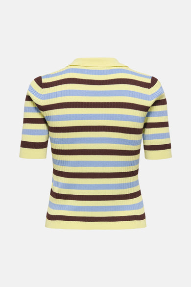 Polo à manches courtes jaune de ONLY, à rayures marron et bleu clair, en maille côtelée.