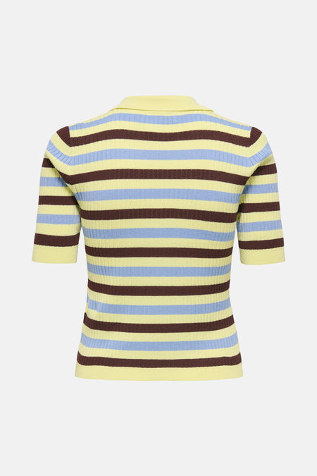 Korte mouwen polo geel van ONLY, met bruine en lichtblauwe strepen, in ribgebreide stof.