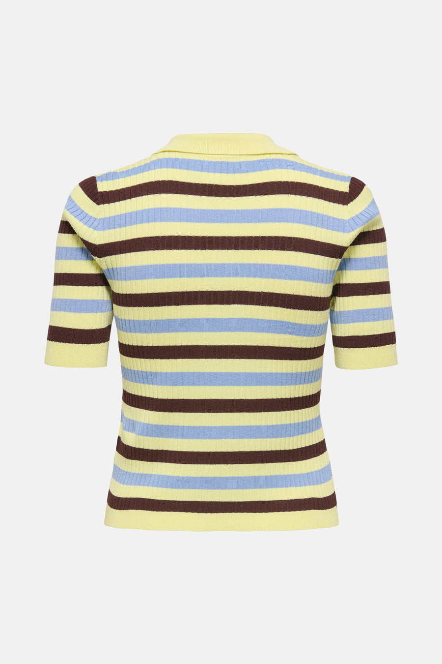Korte mouwen polo geel van ONLY, met bruine en lichtblauwe strepen, in ribgebreide stof.