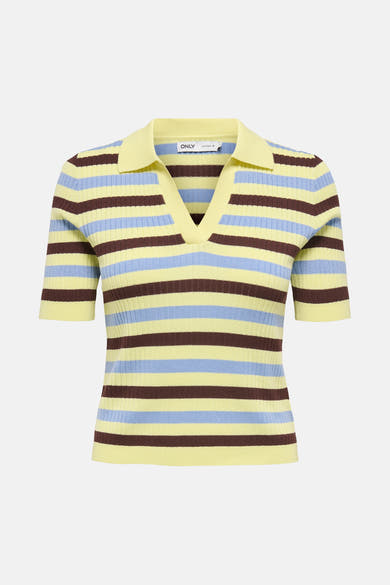 Gele polo met korte mouwen van ONLY, met bruine en lichtblauwe strepen.