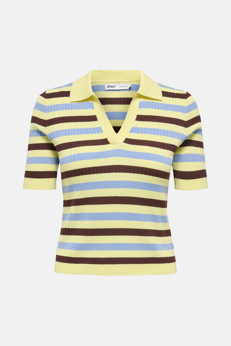 Gele polo met korte mouwen van ONLY, met bruine en lichtblauwe strepen.