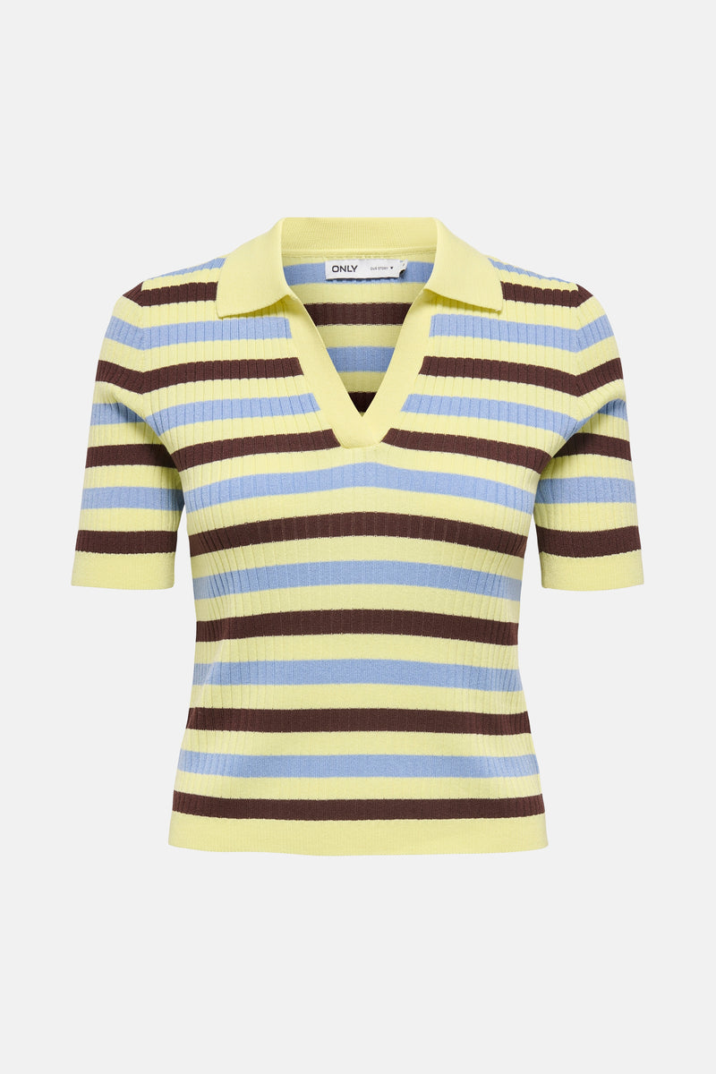 Polo jaune à manches courtes de ONLY, à rayures marron et bleu clair.