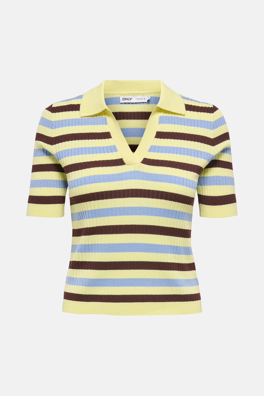 Gele polo met korte mouwen van ONLY, met bruine en lichtblauwe strepen.