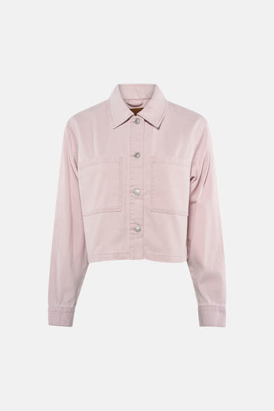 Veste en jean rose de ONLY®, coupe courte avec col, boutons argentés et deux poches poitrine.