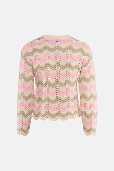 Pull à col rond multicolore de ONLY®, à rayures ondulées roses et beiges, en maille ajourée.
