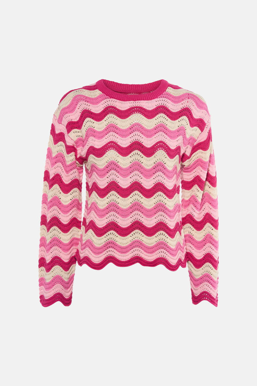 Pull à col rond rose de ONLY®, à rayures ondulées roses et crème, en maille ajourée.