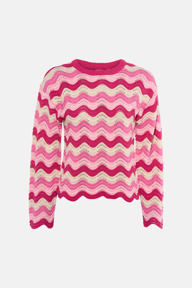 Pull à col rond rose de ONLY®, à rayures ondulées roses et crème, en maille ajourée.