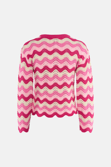 Pull à col rond rose de ONLY, à rayures ondulées roses et beiges en maille ajourée.
