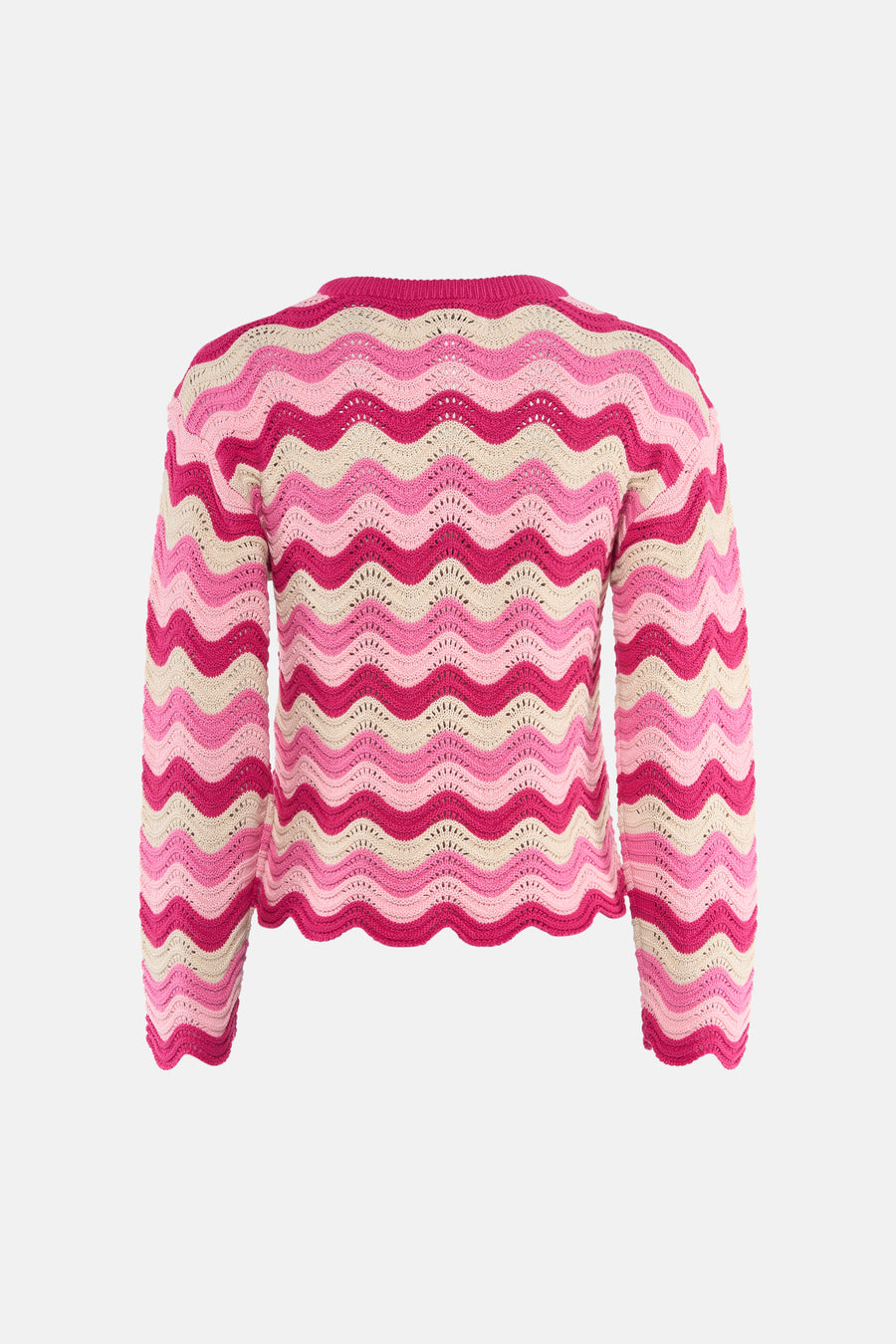 Pull à col rond rose de ONLY, à rayures ondulées roses et beiges en maille ajourée.
