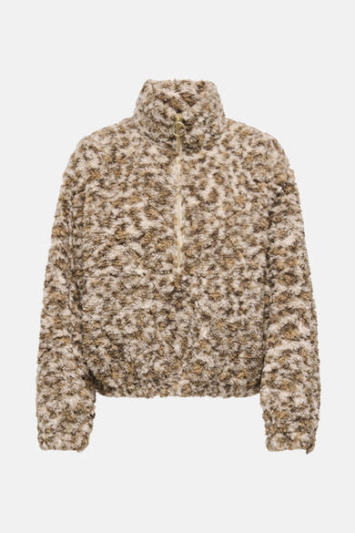 Korte beige jas van imitatie schapenvacht van ONLY, met gouden ritssluiting.