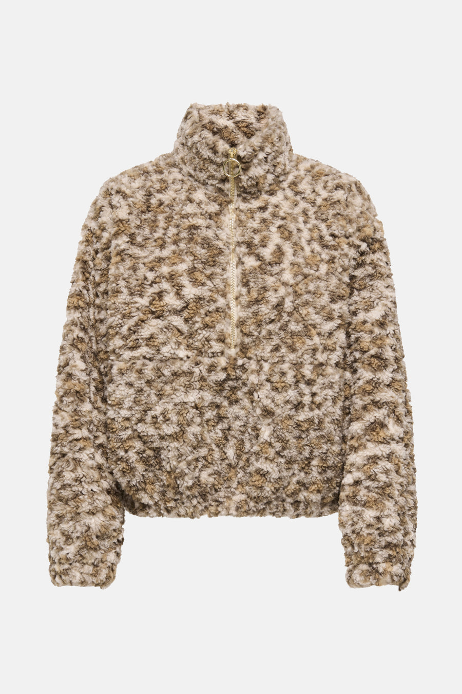 Korte beige jas van imitatie schapenvacht van ONLY, met gouden ritssluiting.