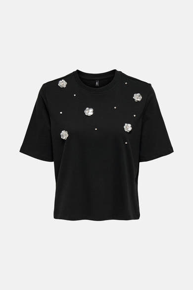 Zwart T-shirt met korte mouwen van ONLY, versierd met zilveren bloemen en strass.