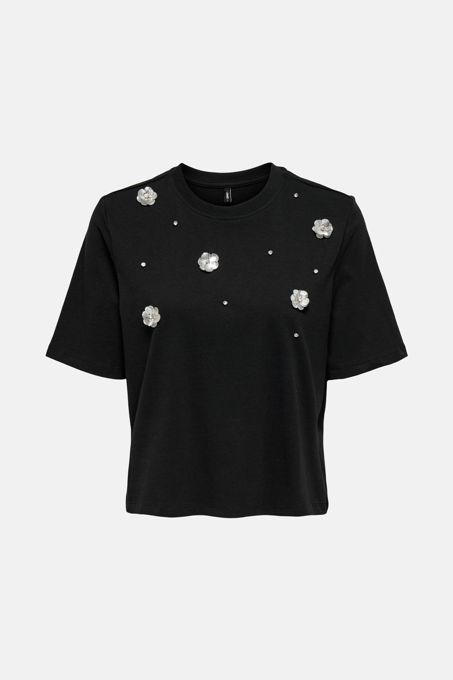 Zwart T-shirt met korte mouwen van ONLY, versierd met zilveren bloemen en strass.