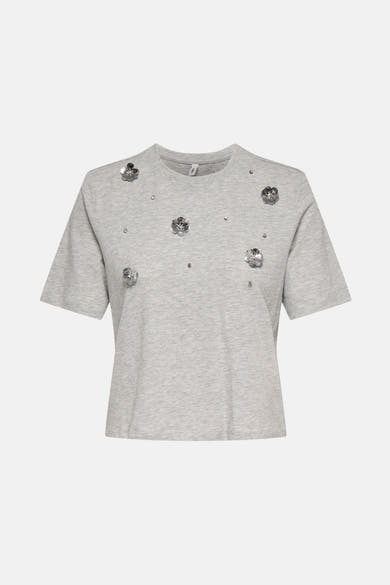 Grijs T-shirt met korte mouwen van ONLY, versierd met zilveren decoratieve bloemen en kleine glinsterende strassteentjes.
