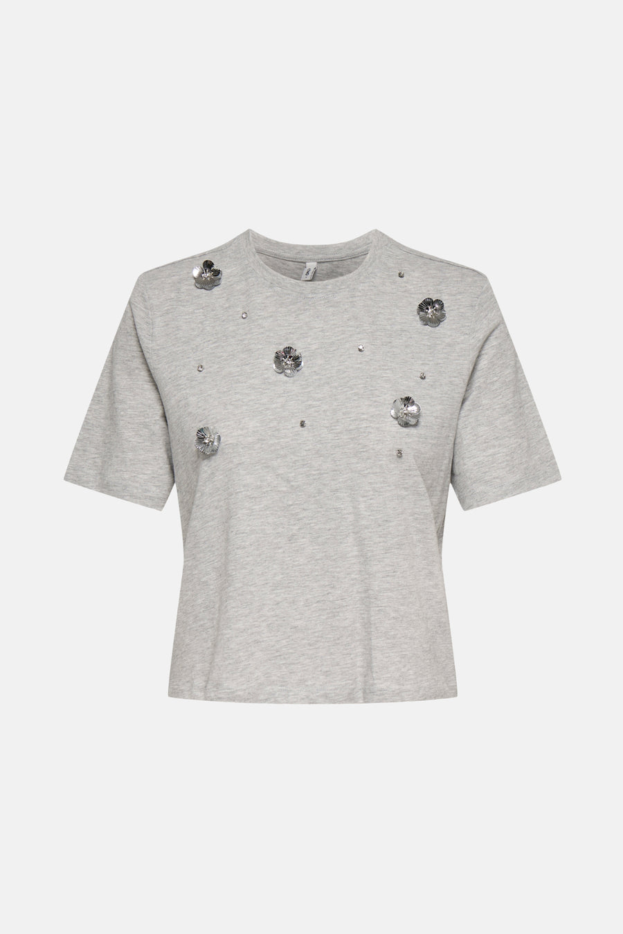 Grijs T-shirt met korte mouwen van ONLY, versierd met zilveren decoratieve bloemen en kleine glinsterende strassteentjes.