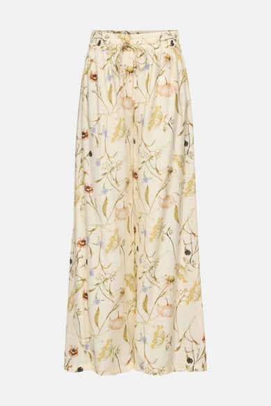 Cream floral-print wide-leg pants with elastic waist and drawstring, featuring delicate botanical pattern in soft pastel hues, front view.