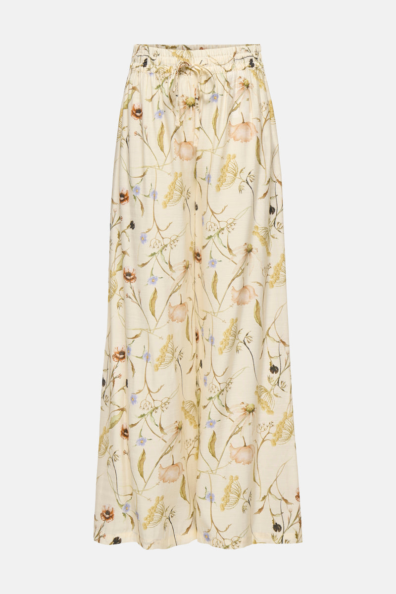 Cream floral-print wide-leg pants with elastic waist and drawstring, featuring delicate botanical pattern in soft pastel hues, front view.