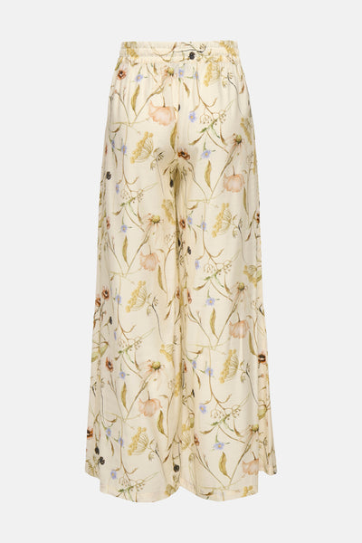 Cream floral-print wide-leg pants with elastic waistband, featuring delicate botanical pattern in soft pastel tones, front view.