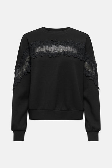 Zwarte rondehals sweatshirt van ONLY, met kanten details op de mouwen.