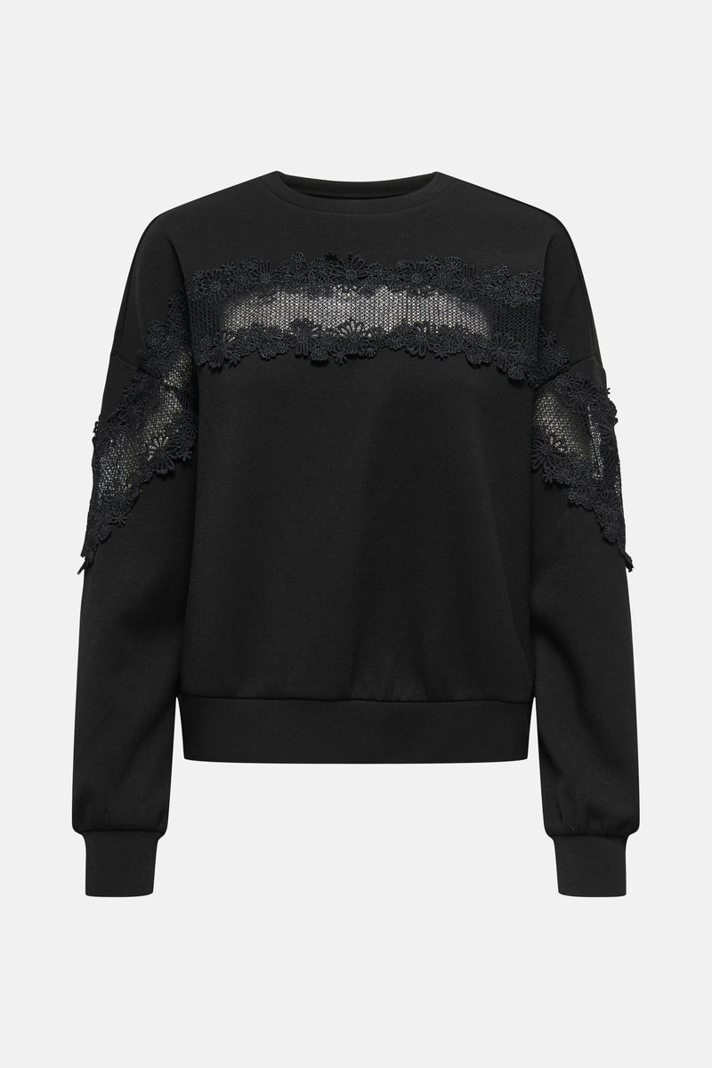 Zwarte rondehals sweatshirt van ONLY, met kanten details op de mouwen.