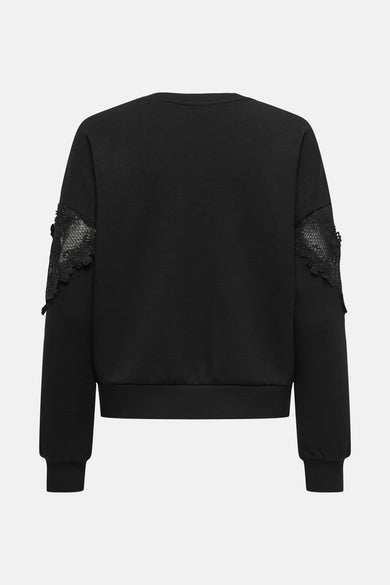 Sweat noir col rond de ONLY, avec détails en dentelle sur les manches.
