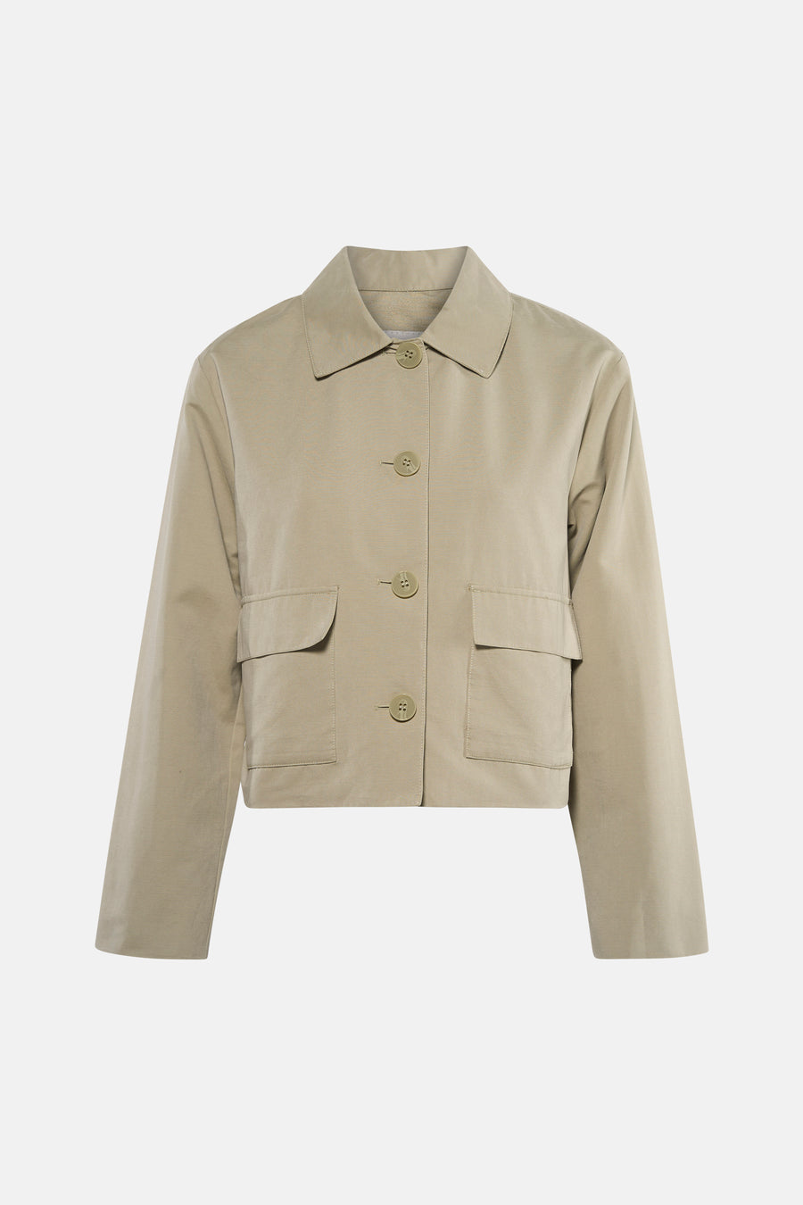 Veste courte verte de JDY avec fermeture boutonnée, poches plaquées et manches longues.