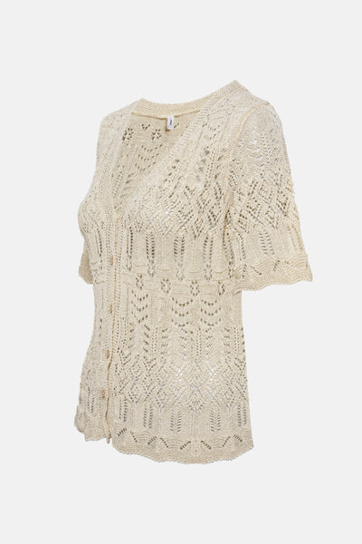 Gouden T-shirt met korte mouwen van ONLY, in open gebreide stof met knoopsluiting aan de voorkant.