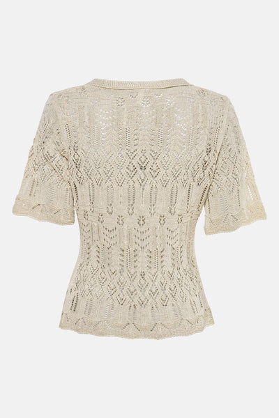 Gouden T-shirt met korte mouwen van ONLY, in een opengebreide stof met een ingewikkeld patroon.