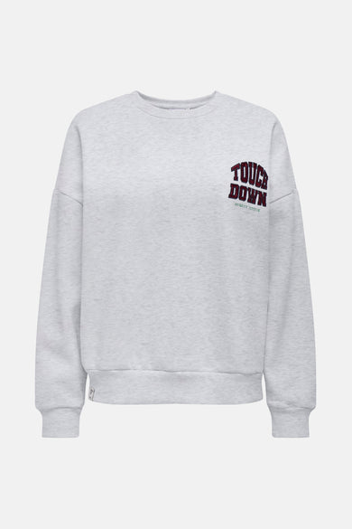 Grijze gemêleerde sweater van ONLY, met groot bordeauxrood nummer 91 en geborduurde tekst op de rug.