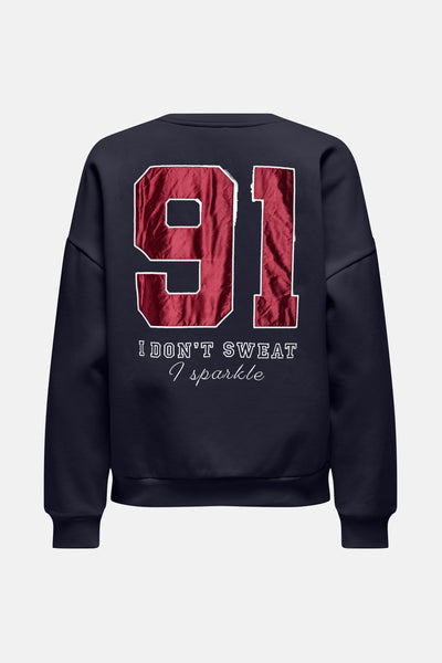 Sweat bleu de ONLY® avec imprimé « 91 » rouge bordeaux et lettrage blanc au dos.
