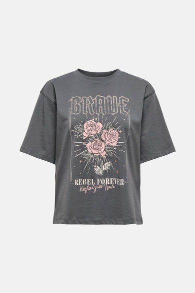 Grijze T-shirt met korte mouwen van ONLY®, losse pasvorm, van achteren getoond op een effen achtergrond.