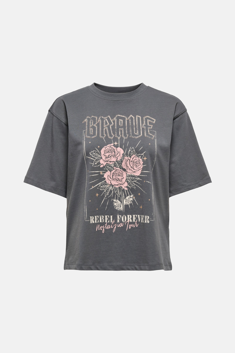 Grijze T-shirt met korte mouwen van ONLY®, losse pasvorm, van achteren getoond op een effen achtergrond.