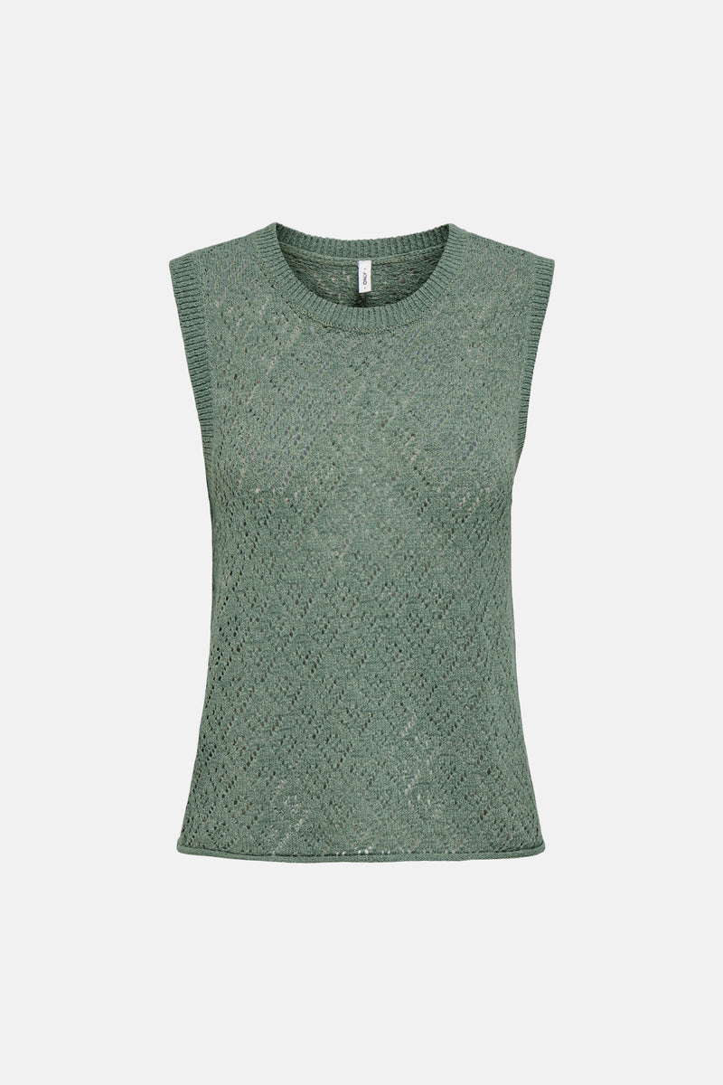 Groen mouwloos topje van ONLY, in een opengebreide stof met ruitpatroon.