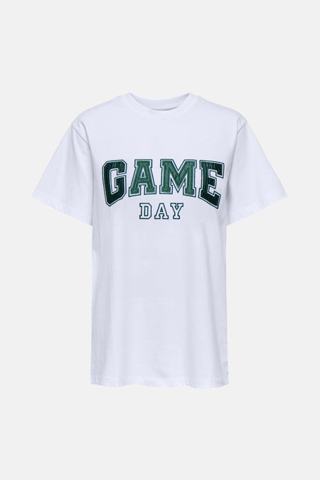 Wit T-shirt met korte mouwen van ONLY, met groene en zwarte "GAME DAY" belettering.