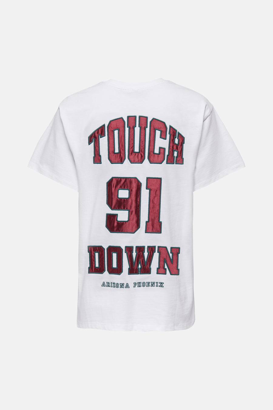 T-shirt à manches courtes blanc de ONLY, avec inscription « Touchdown 91 Arizona Phoenix » au dos.