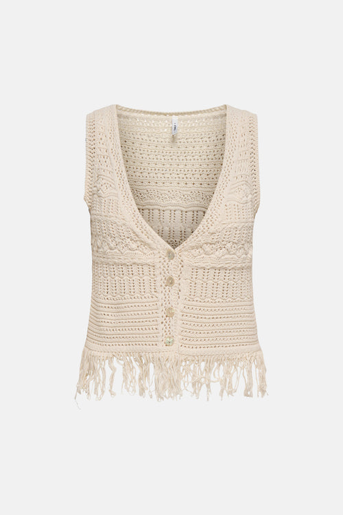 Gilet beige en maille crochet par ONLY, avec une bordure à franges.
