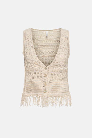 Beige gebreid vest van ONLY, met decoratieve franjes aan de onderkant, opengebreid patroon en gehaakte textuur.