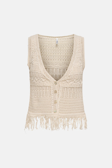 Beige gebreid vest van ONLY, met decoratieve franjes aan de onderkant, opengebreid patroon en gehaakte textuur.