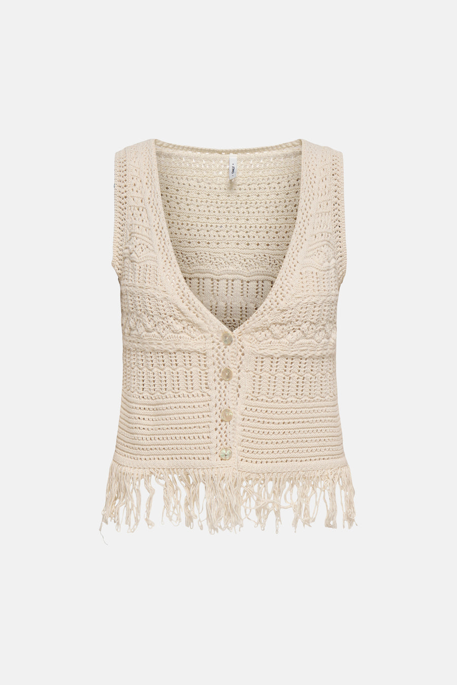 Beige gebreid vest van ONLY, met decoratieve franjes aan de onderkant, opengebreid patroon en gehaakte textuur.