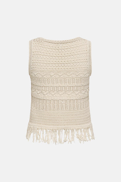 Gilet beige tricoté de ONLY, avec franges décoratives en bas, motif ajouré et texture crochetée.