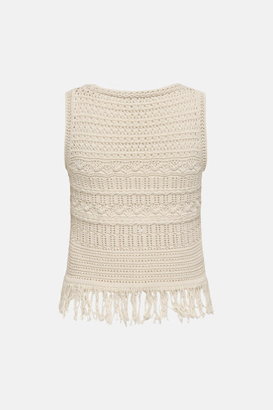 Gilet beige tricoté de ONLY, avec franges décoratives en bas, motif ajouré et texture crochetée.