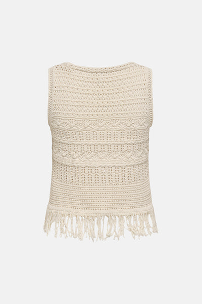 Gilet beige tricoté de ONLY, avec franges décoratives en bas, motif ajouré et texture crochetée.