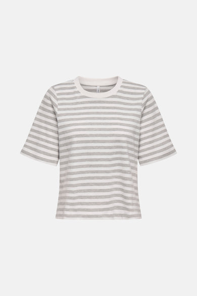Grijze T-shirt met korte mouwen van ONLY®, met horizontale strepen en uitlopende mouwen, achtergezicht.