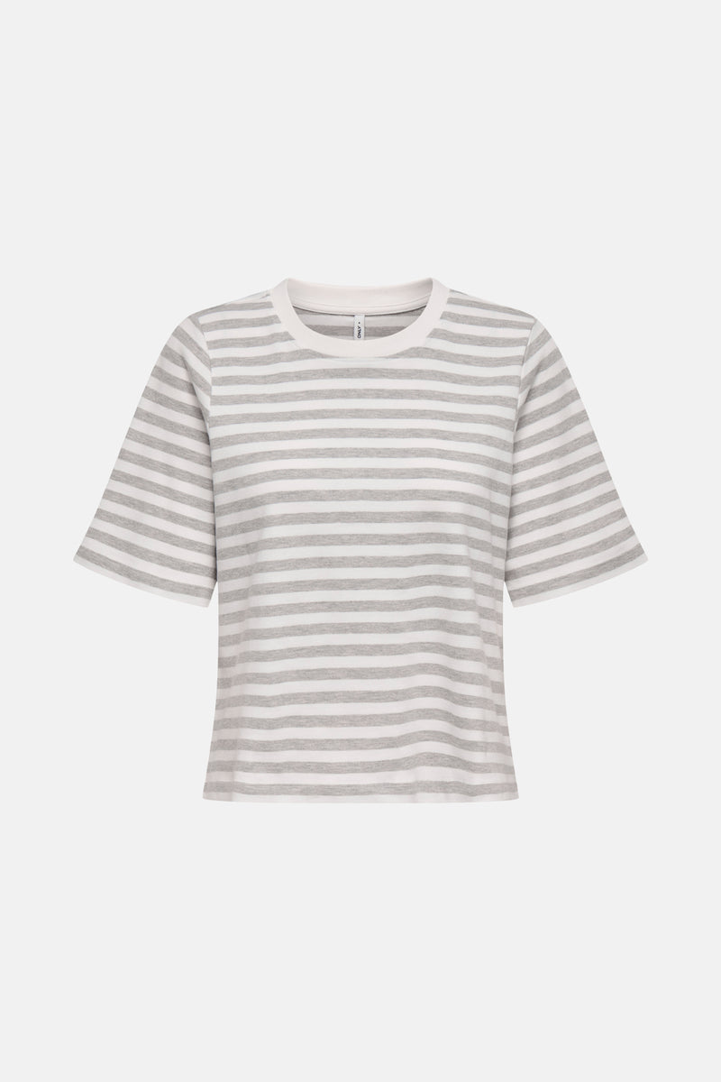 Grijze T-shirt met korte mouwen van ONLY®, met horizontale strepen en uitlopende mouwen, achtergezicht.