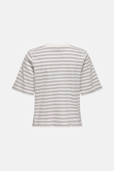 T-shirt à manches courtes gris de ONLY®, à rayures horizontales et manches évasées, vue de dos.