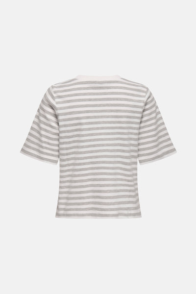 T-shirt à manches courtes gris de ONLY®, à rayures horizontales et manches évasées, vue de dos.