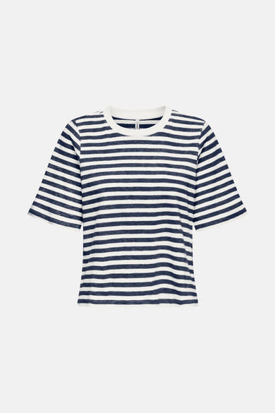 Blauw gestreept T-shirt met korte mouwen van ONLY®, met marineblauwe en witte horizontale strepen.